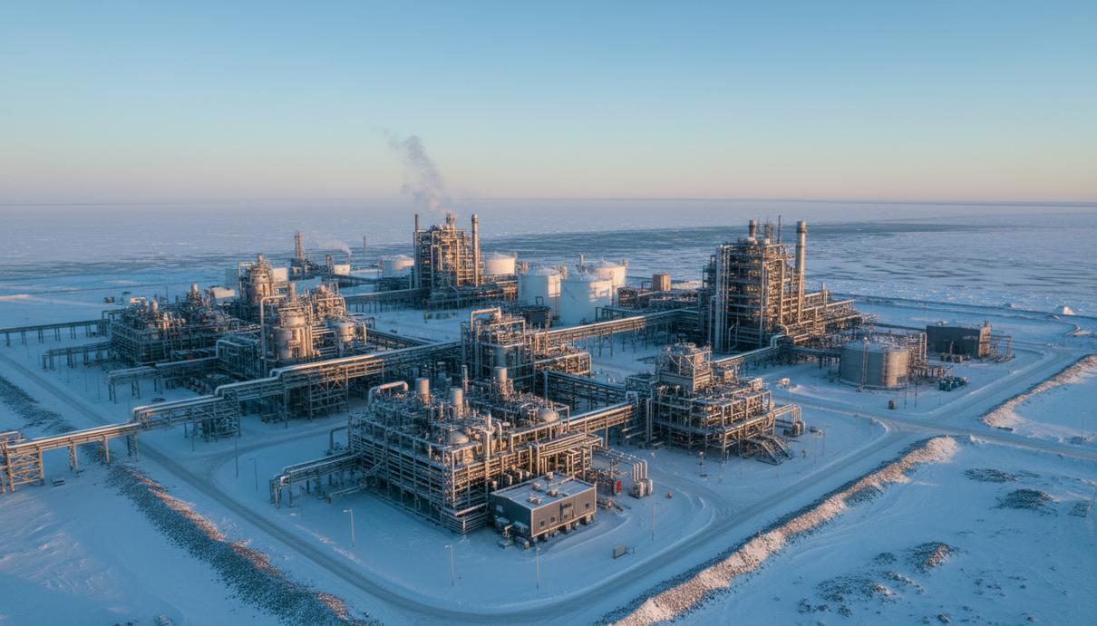 Завод по сжижению природного газа «Арктик СПГ 2» на заснеженном Гыданском полуострове в ясный морозный день.