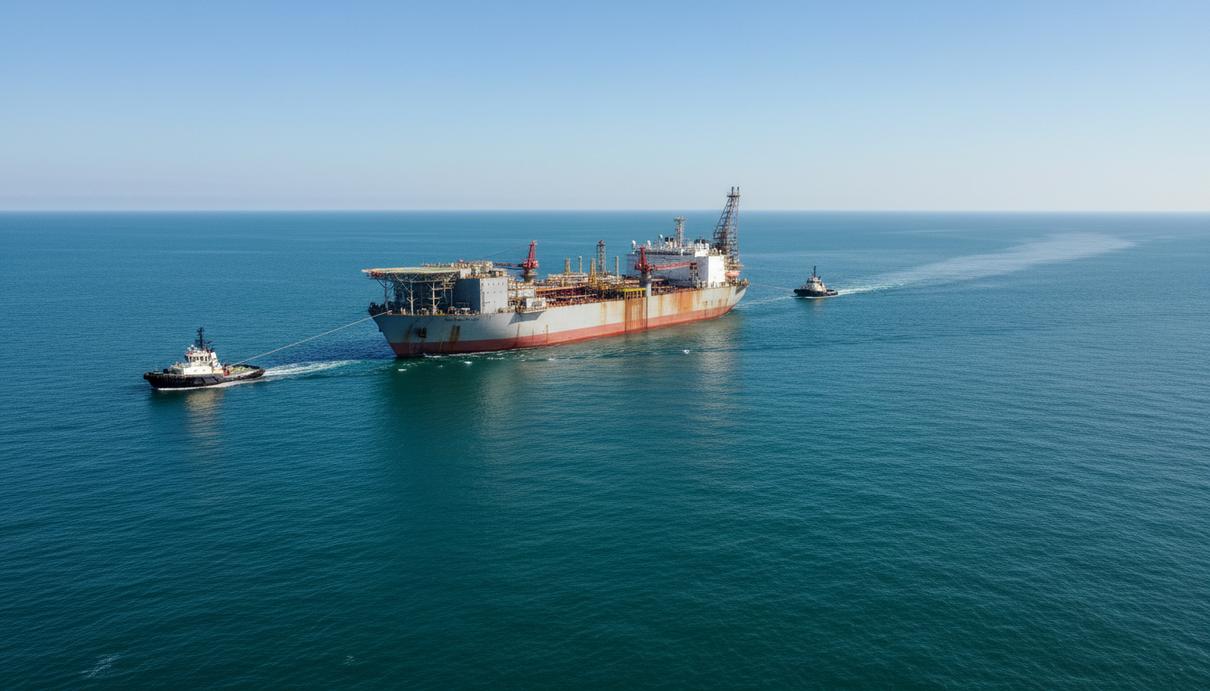 Два океанских буксира тянут большую плавучую нефтегазовую платформу (СПХО) по открытому морю.