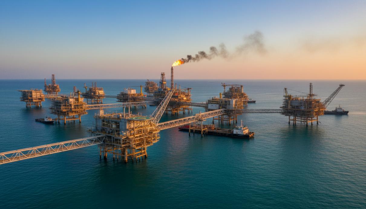 Technip Energies займётся инжинирингом для проекта ADNOC в ОАЭ Морская газодобывающая платформа в Персидском заливе. Комплекс промышленных сооружений и трубопроводов в открытом море.