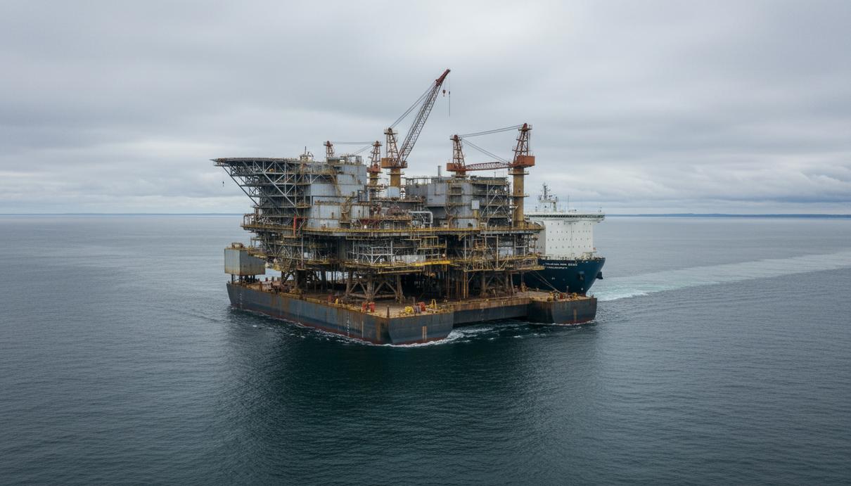 Тяжеловозное судно Pioneering Spirit перевозит демонтированную морскую платформу North Cormorant по Северному морю.