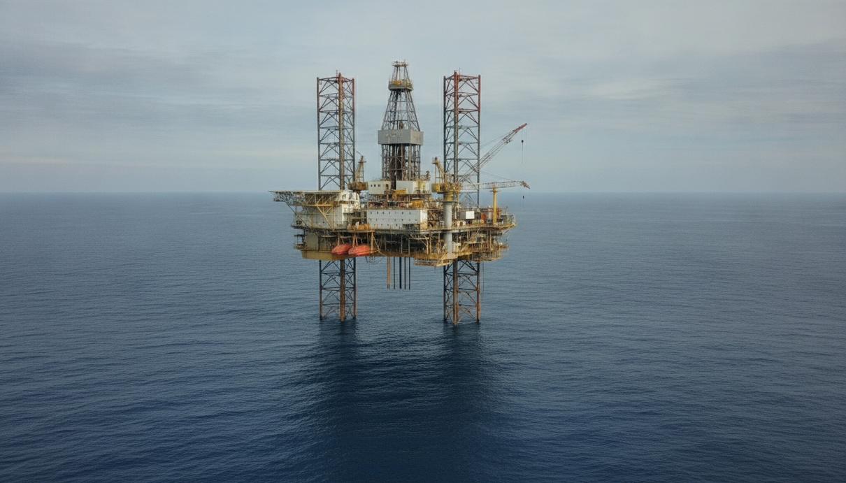 Самоподъемная морская буровая установка в открытом море на фоне горизонта и облачного неба.