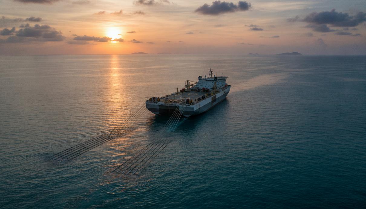 Сейсморазведочное судно Ramform Sovereign в открытом море буксирует несколько сейсмических кос на рассвете.