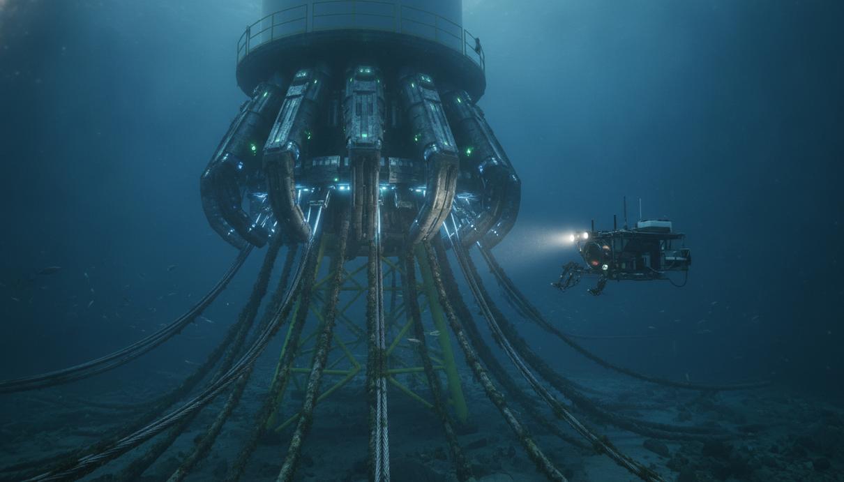 Подводный узел Squid, объединяющий швартовные тросы и силовые кабели, подключённый к корпусу плавучей ветроустановки.