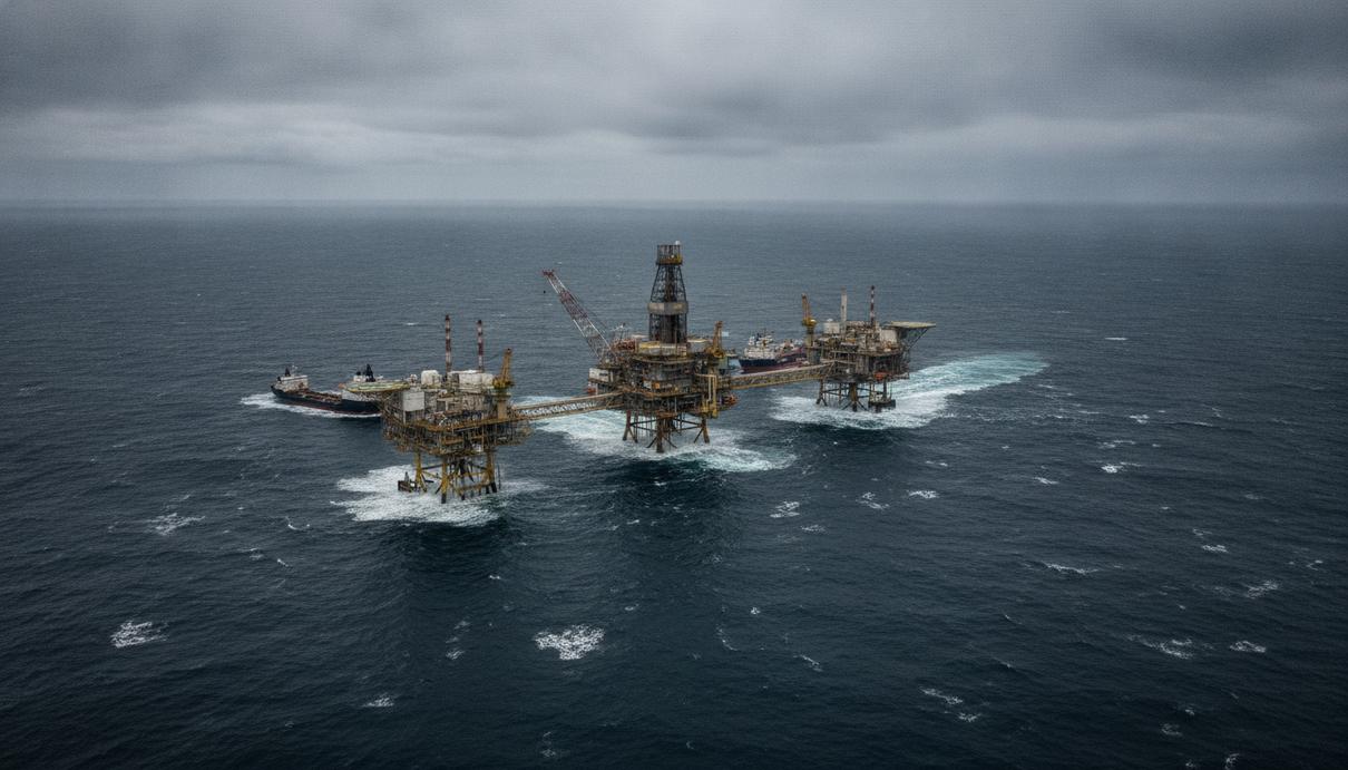 Морская нефтедобывающая платформа Юхан Свердруп в Северном море, вид с воздуха.