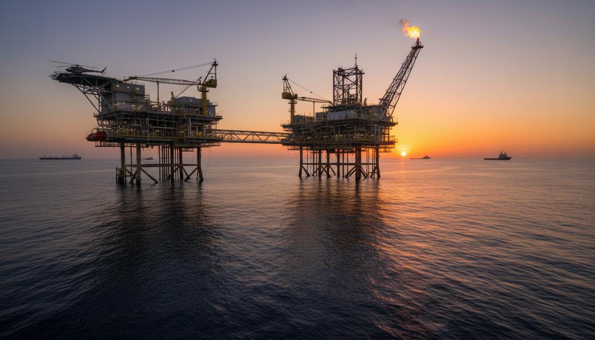 Морская нефтегазовая платформа в Атлантическом океане у побережья Анголы на закате.