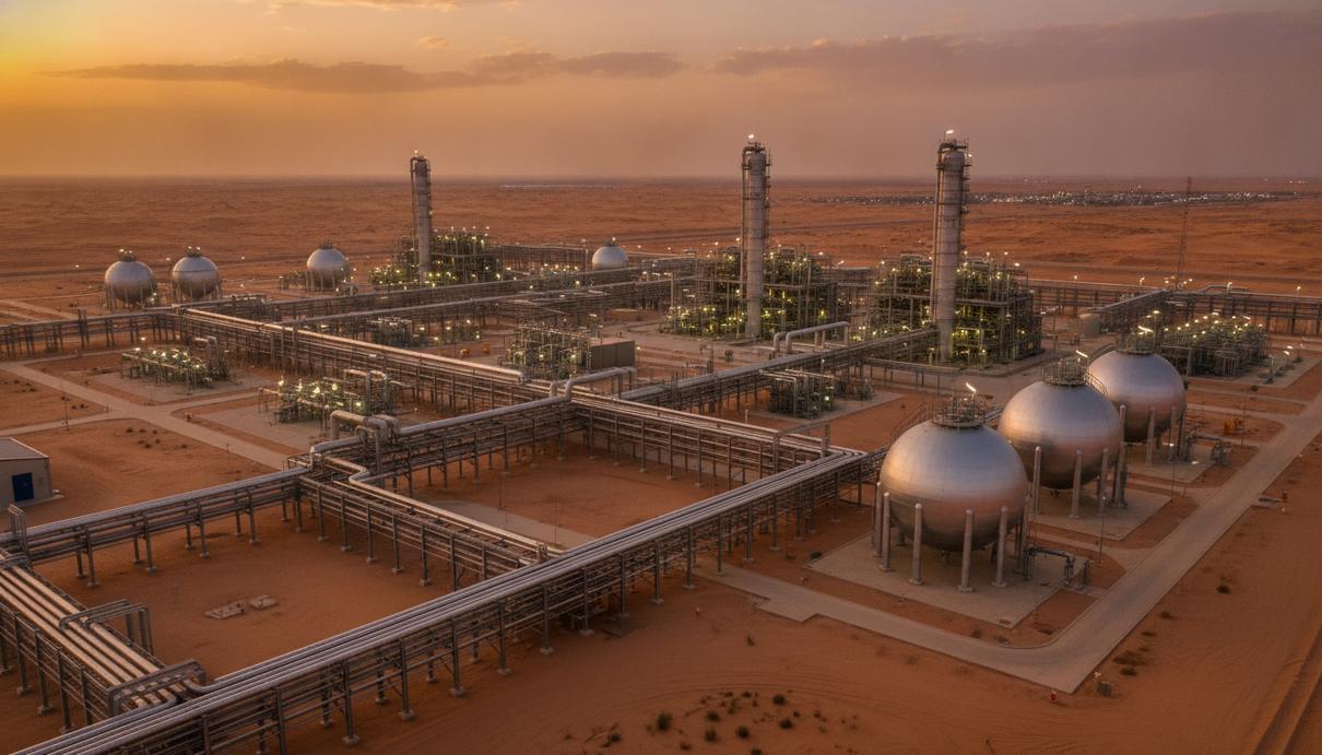 Промышленный пейзаж с газоперерабатывающим заводом в ОАЭ. Сеть трубопроводов, технологические установки и резервуары на фоне пустыни.