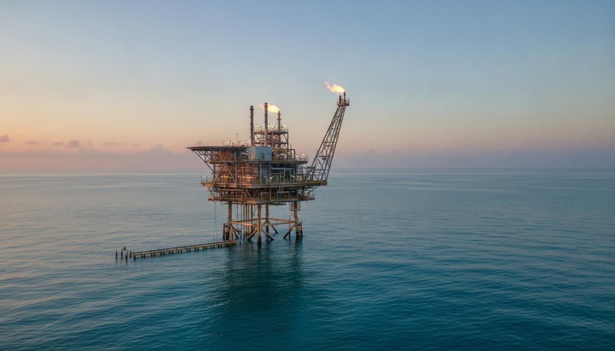 Морская газодобывающая платформа в океане на фоне восхода солнца. Вид на промышленный объект в открытом море.