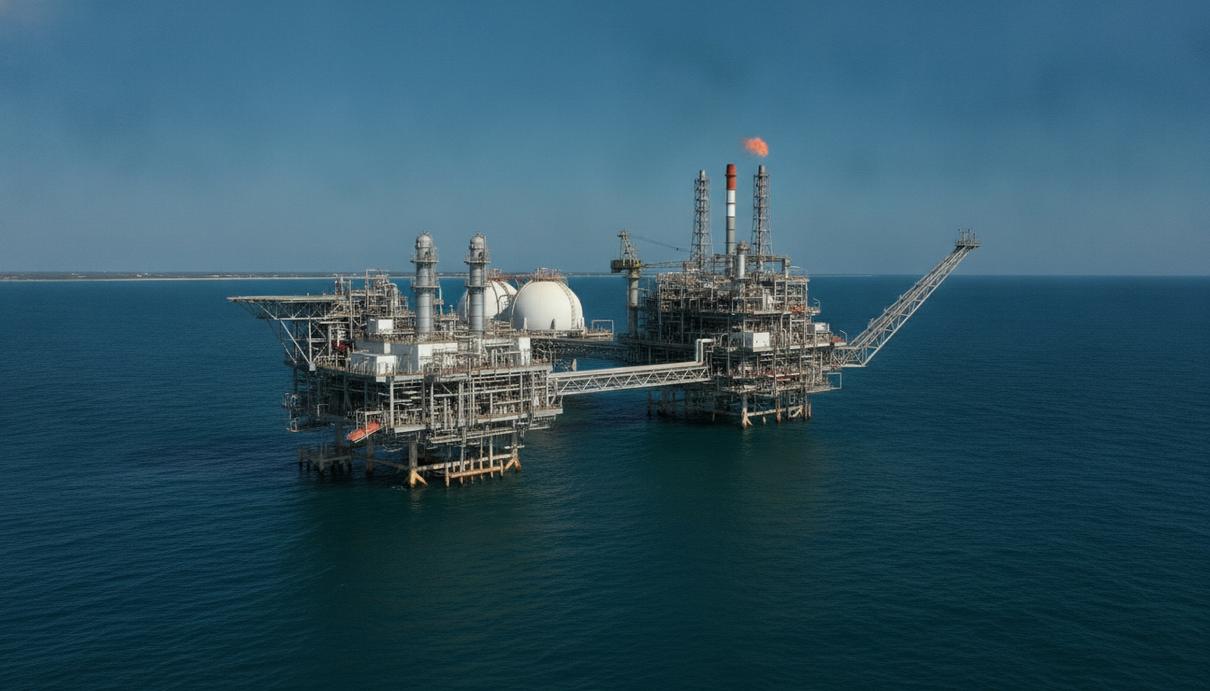 Морская платформа для добычи природного газа в океане у побережья Мозамбика. Промышленный комплекс с трубами и оборудованием.
