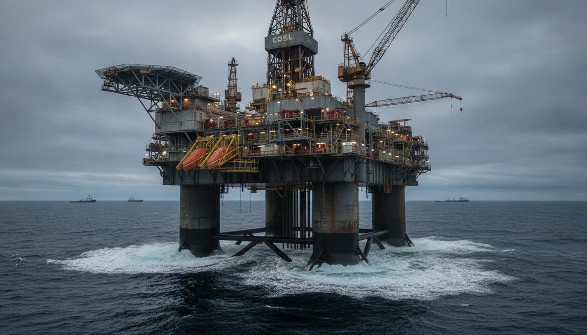 Полупогружная буровая установка COSL Innovator в серых водах Северного моря под пасмурным небом.