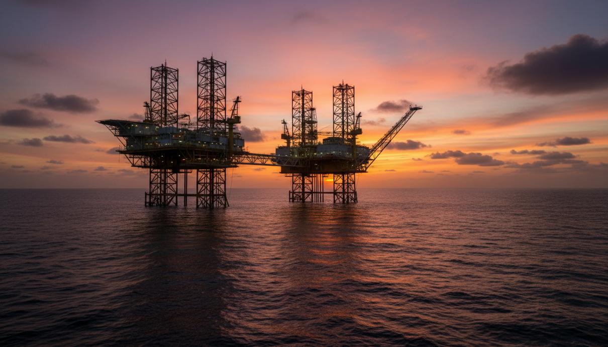 Морская нефтегазовая разведочная платформа на шельфе Уругвая на рассвете.