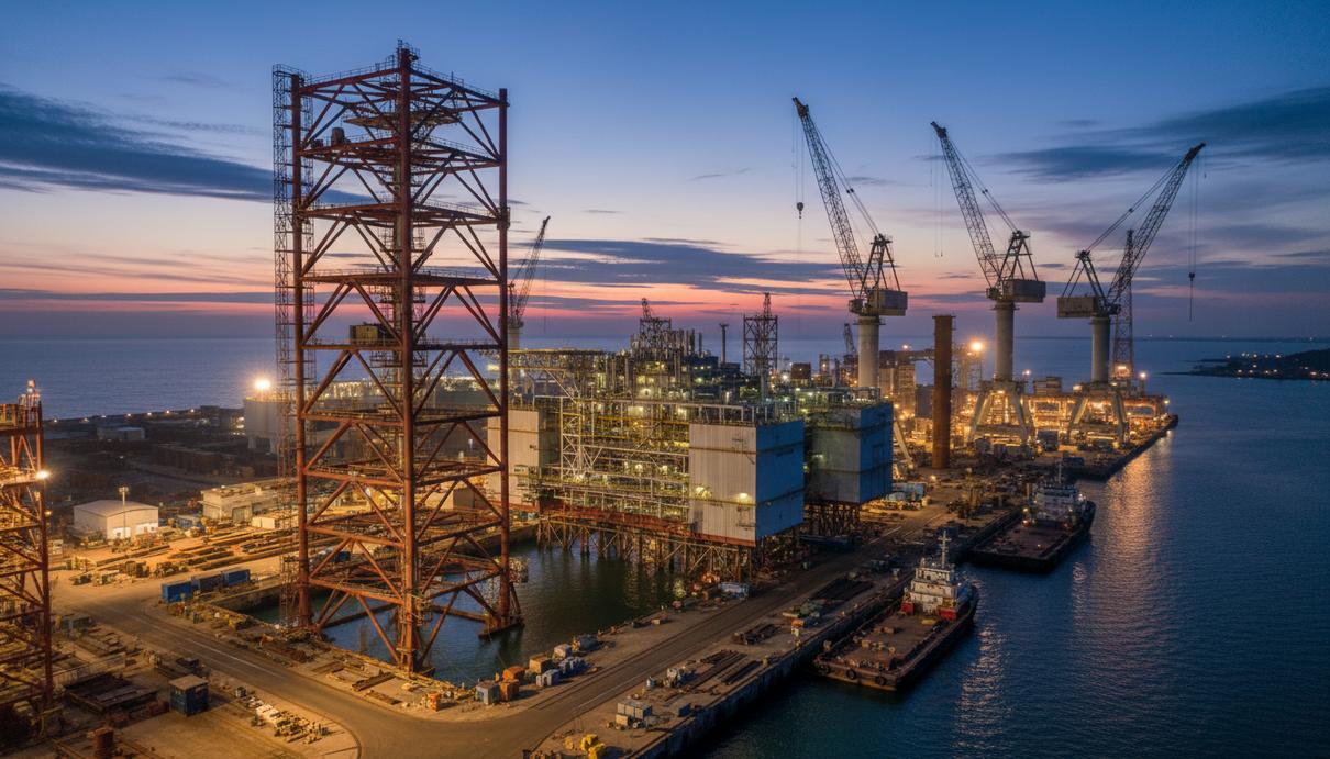 McDermott построит для ADNOC газовую платформу в ОАЭ за $1 млрд Крупная морская газовая платформа в процессе строительства на верфи в Циндао, на фоне промышленных кранов и побережья.