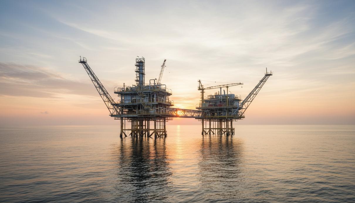 Морская платформа для добычи природного газа в Сиамском заливе на рассвете. Спокойное море, чистое небо.
