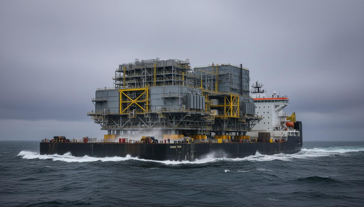 ABB оснастит судно Allseas для перевозки морских энергоплатформ Полупогружное судно-тяжеловоз «Grand Tour» перевозит морскую преобразовательную станцию для ветропарка в открытом море.