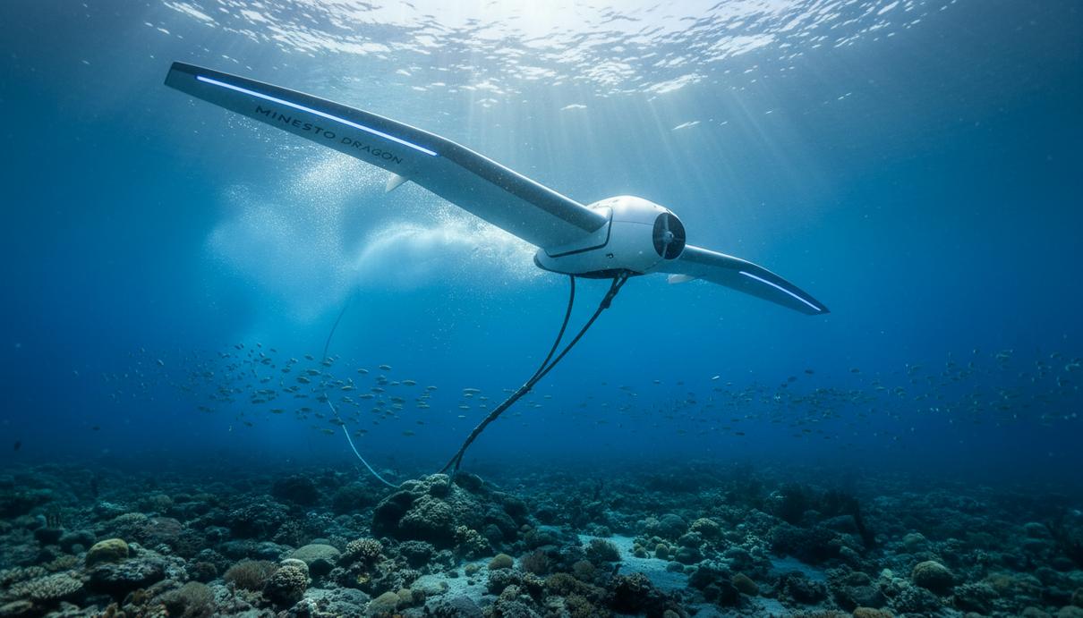 Подводная приливная электростанция Minesto Dragon в виде крылатого аппарата, закреплённого на морском дне для выработки электроэнергии из течений.