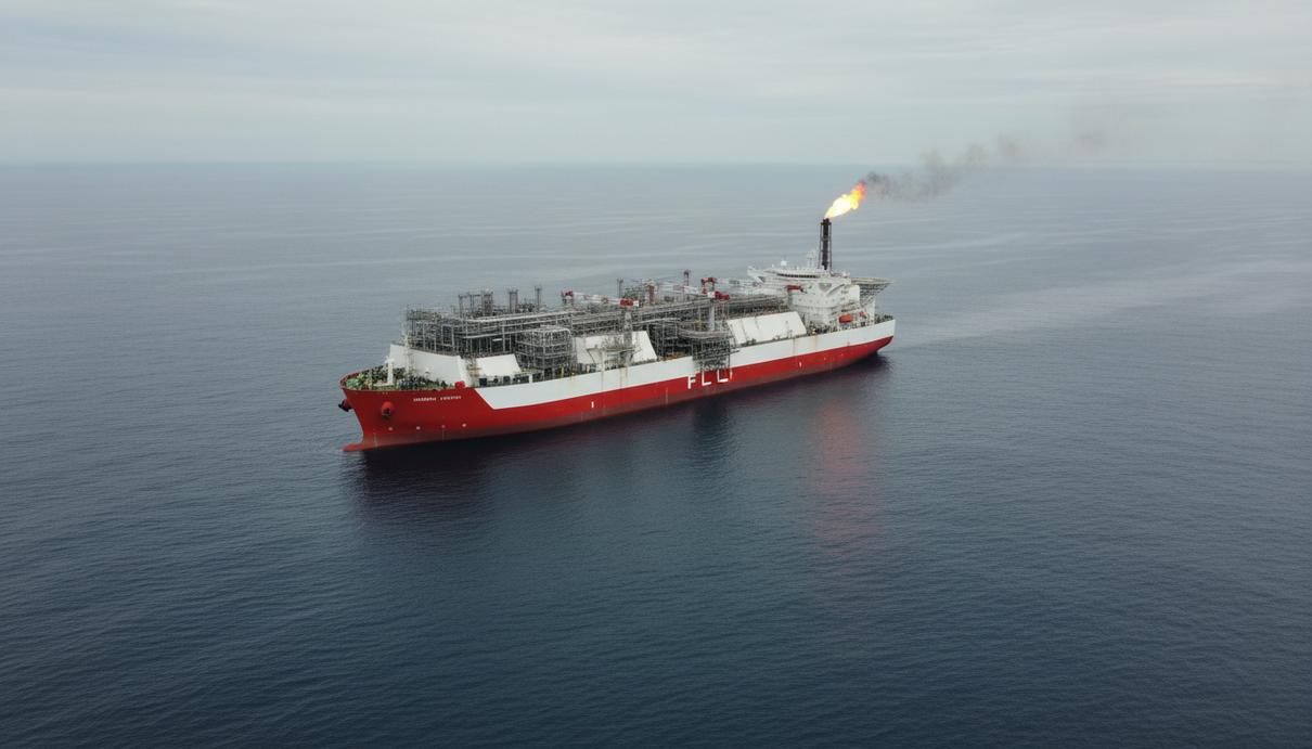 Golar LNG закажет у Seatrium переоборудование третьего судна в СПГ-завод Плавучий завод по сжижению природного газа (FLNG) Hilli Episeyo в открытом море. Вид на палубу с технологическим оборудованием.