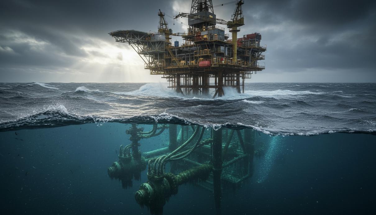 Морская нефтегазовая платформа в Северном море в пасмурную погоду, вид на подводное оборудование у основания платформы.