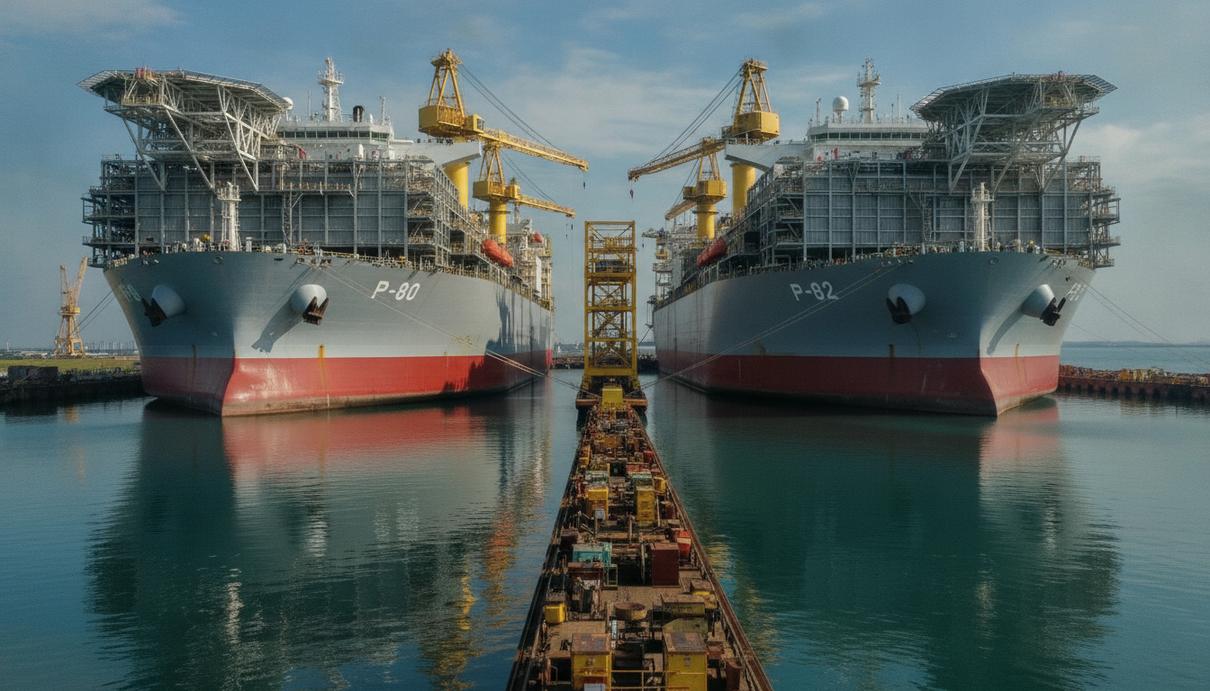 Две гигантские плавучие нефтедобывающие платформы FPSO P-80 и P-82 на верфи Seatrium в Сингапуре перед отправкой в Бразилию.