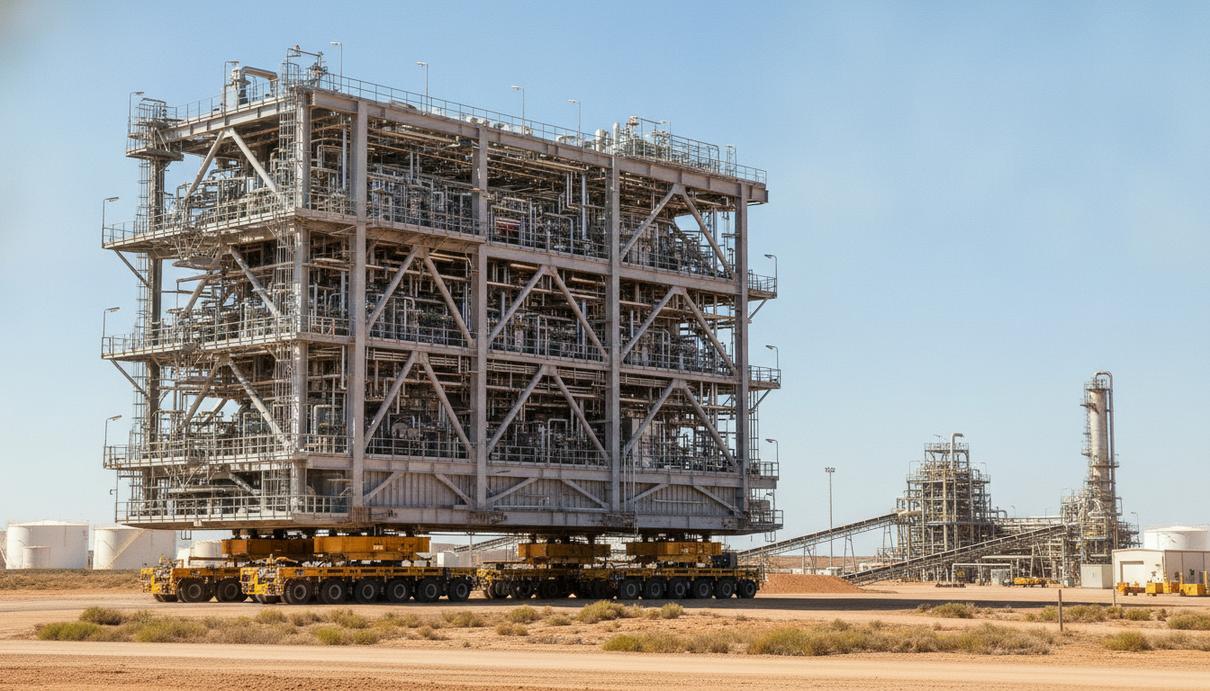 Крупногабаритный промышленный модуль на территории завода по сжижению природного газа Pluto LNG в Западной Австралии.