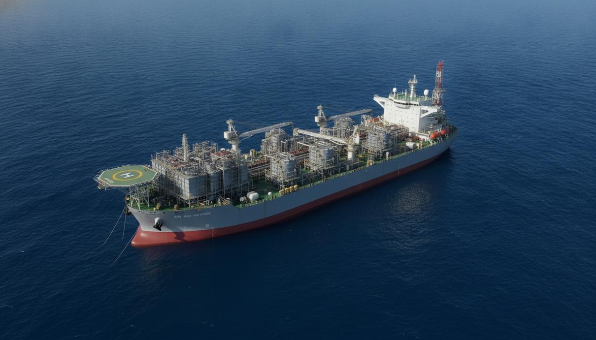 Hanwha Ocean сертифицировала проект FPSO для Южной Америки и Африки Современная плавучая установка для добычи, хранения и отгрузки нефти (FPSO) в открытом море. Вид на палубное технологическое оборудование.