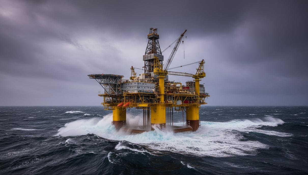 Vår Energi зафрахтовала у Odfjell Drilling установку на $518 млн Полупогружная буровая установка «Deepsea Bergen» в открытом море. Вид на платформу и буровую вышку в пасмурную погоду.