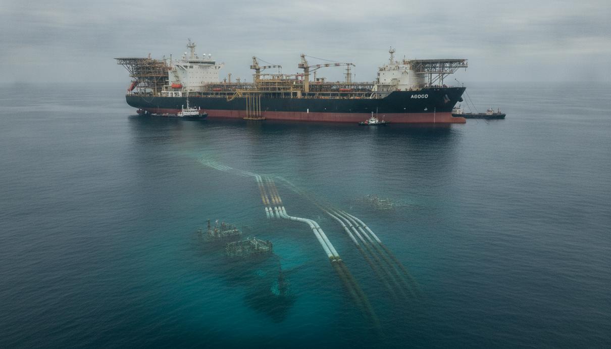 SLB OneSubsea оснастит проект Azule Energy для новой платформы в Анголе Плавучая установка для добычи, хранения и отгрузки нефти (FPSO) в океане у побережья Анголы с подводными трубопроводами.