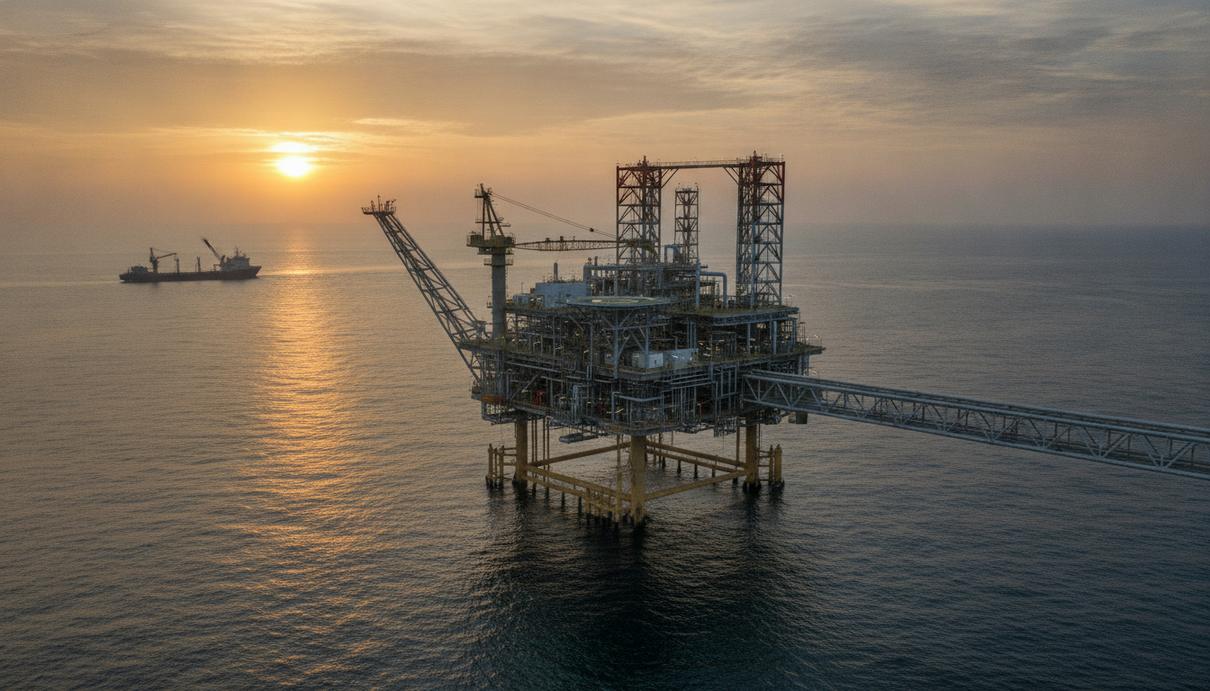 Морская платформа для добычи природного газа в Средиземном море у берегов Египта на рассвете.