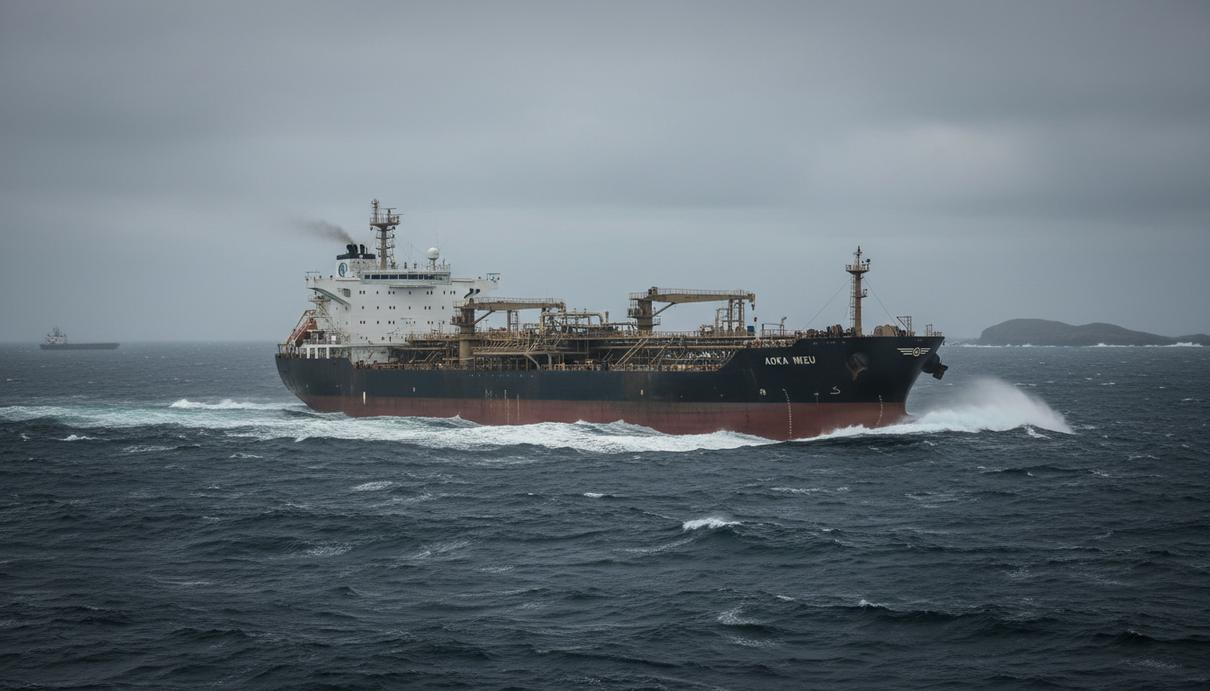 Плавучая установка для добычи, хранения и отгрузки нефти (FPSO) Aoka Mizu в неспокойном море у Фолклендских островов.