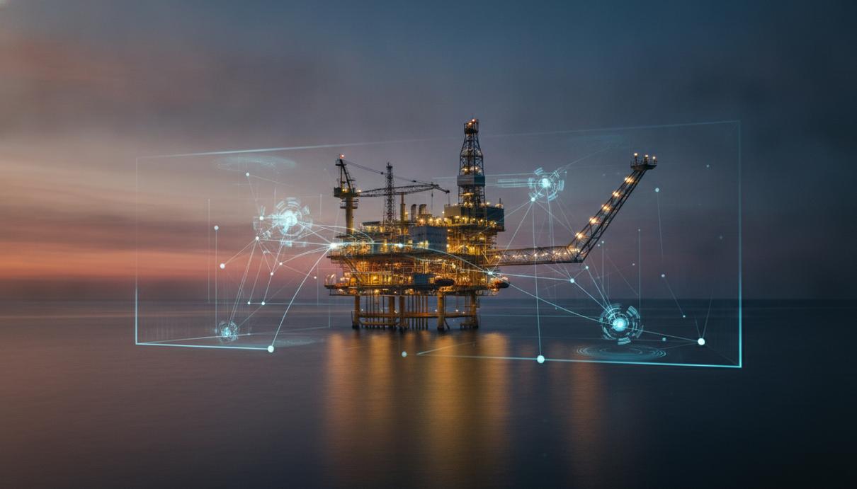 Морская нефтегазовая платформа в море на закате, на фоне которой видны светящиеся линии данных и графика нейросети.