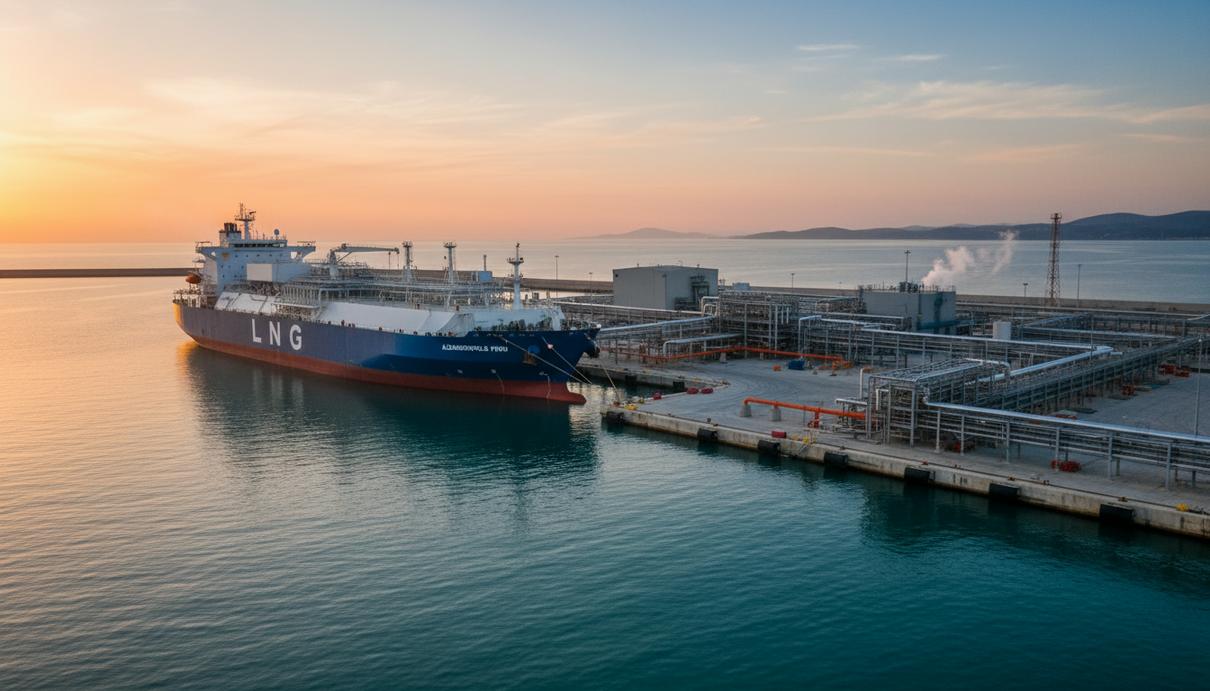 Плавучий терминал для приёма сжиженного природного газа (FSRU) у причала в морском порту Александруполис, Греция.