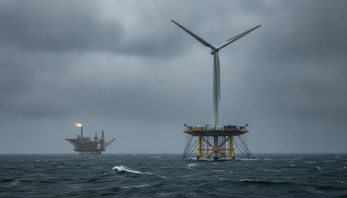 Harbour Energy изучит ветровое питание своих платформ в Северном море Плавучая ветряная турбина в водах Северного моря на фоне морской нефтегазовой платформы вдалеке.