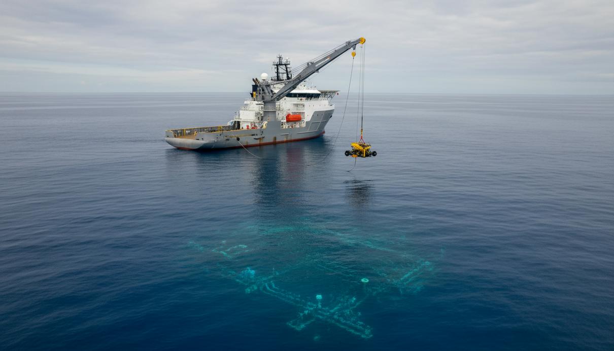 Специализированное морское судно поддержки разворачивает дистанционно управляемый подводный аппарат (ROV) в открытом море.