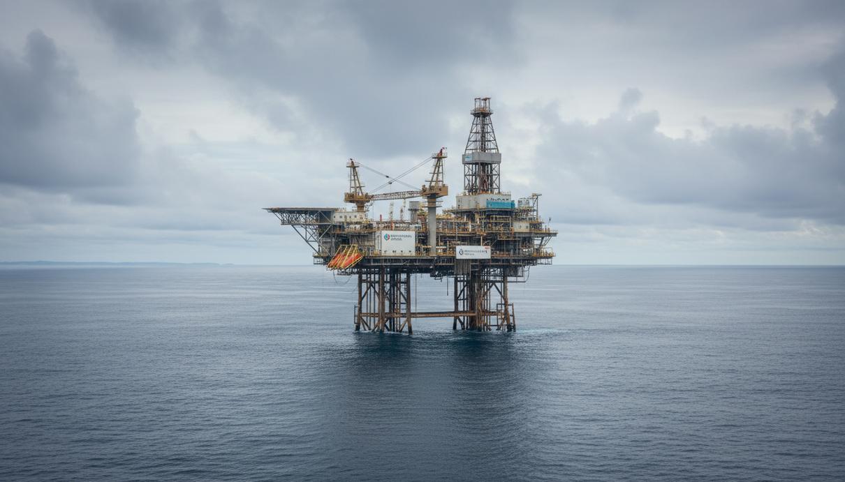 Eni станет оператором разведочного блока на шельфе Уругвая Морская нефтегазовая платформа для геологоразведки в Атлантическом океане у побережья Уругвая. Спокойное море и облачное небо.