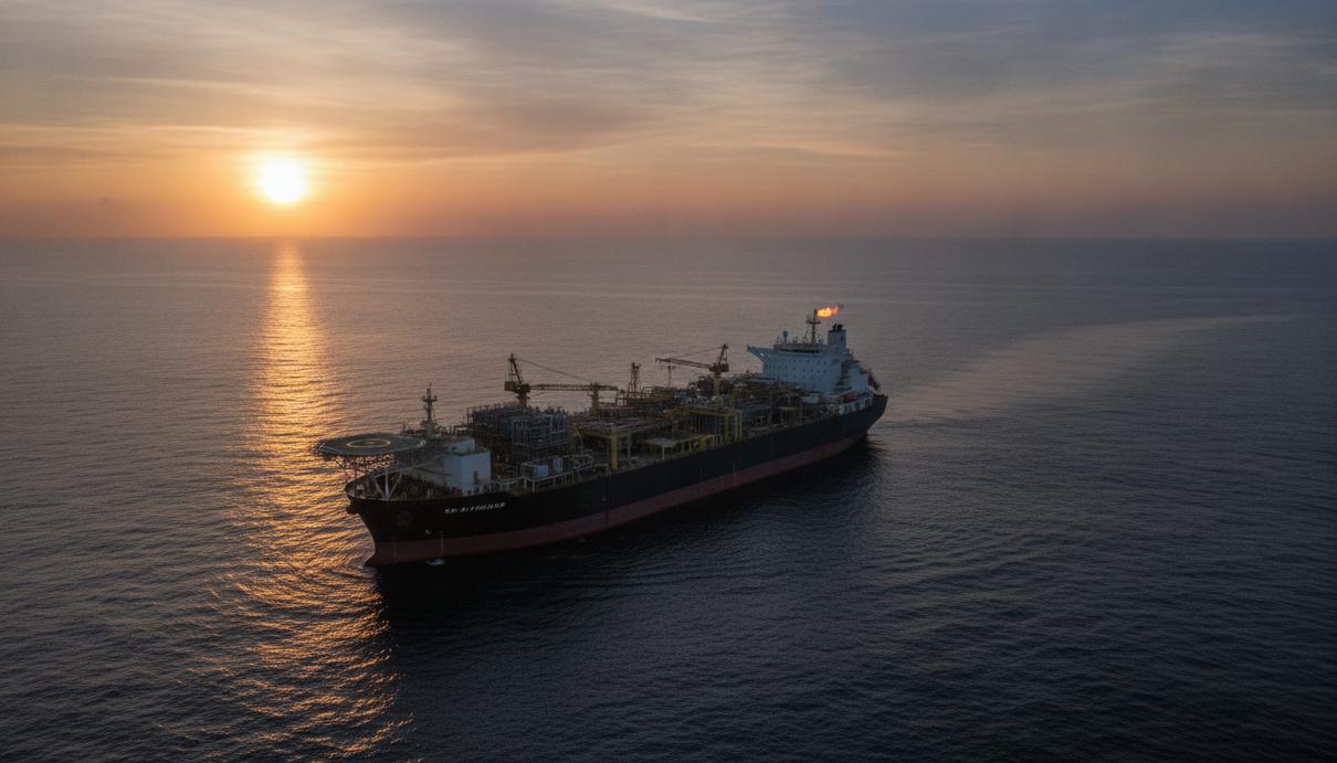 Плавучая установка для добычи, хранения и отгрузки нефти (FPSO) в Атлантическом океане на фоне рассвета у побережья Анголы.