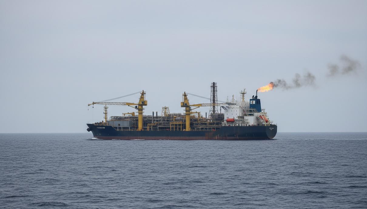 Дочка Petronas обсуждает выкуп акций оператора морских платформ Yinson Плавучая установка для добычи, хранения и отгрузки нефти (FPSO) в открытом море. Промышленное судно с кранами и сложными надстройками.