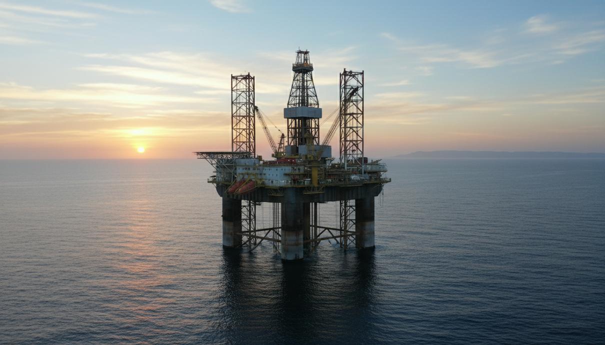 TotalEnergies и Galp обменялись активами на шельфе Намибии Полупогружная буровая платформа в Атлантическом океане у побережья Намибии на рассвете.