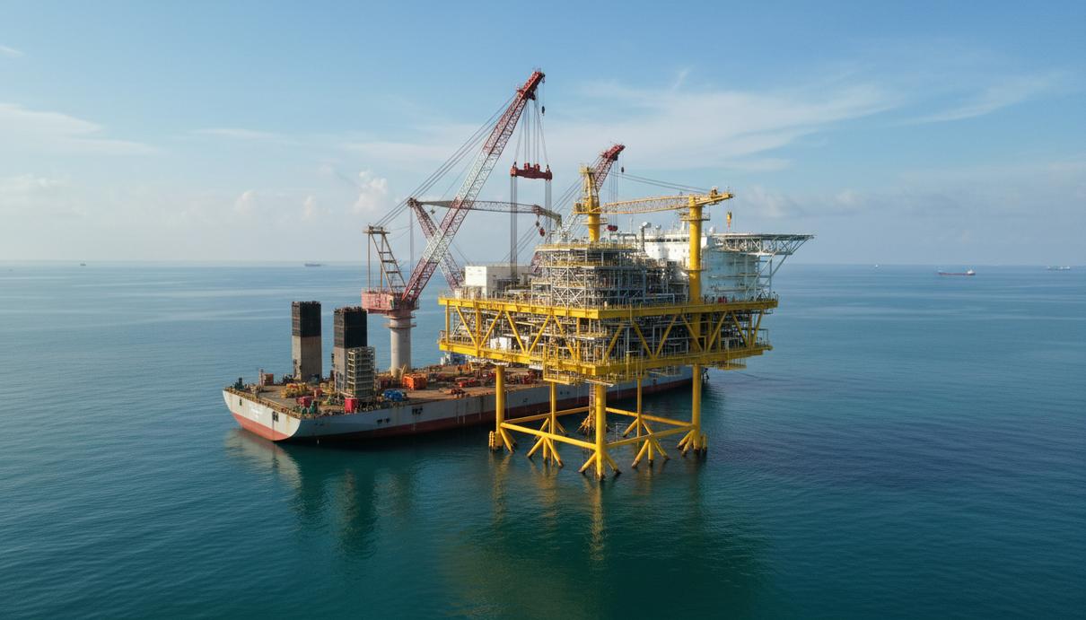 Valeura Energy ускорит запуск месторождения Вассана в Сиамском заливе Новая морская нефтедобывающая платформа в процессе установки в Сиамском заливе. Ясный день, спокойное море.