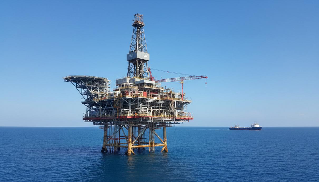 Морская газодобывающая платформа в Карибском море у побережья Тринидада и Тобаго в ясный день.