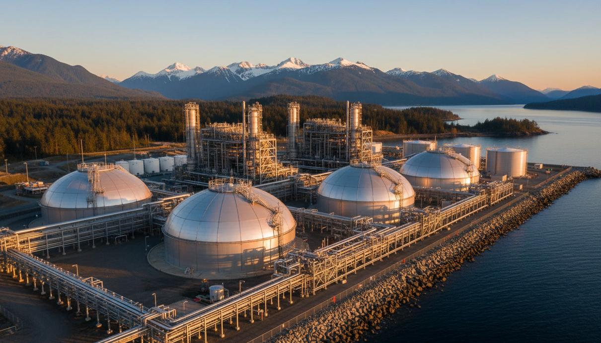 Завод по сжижению природного газа LNG Canada на побережье в Британской Колумбии. Криогенные резервуары и технологические линии.