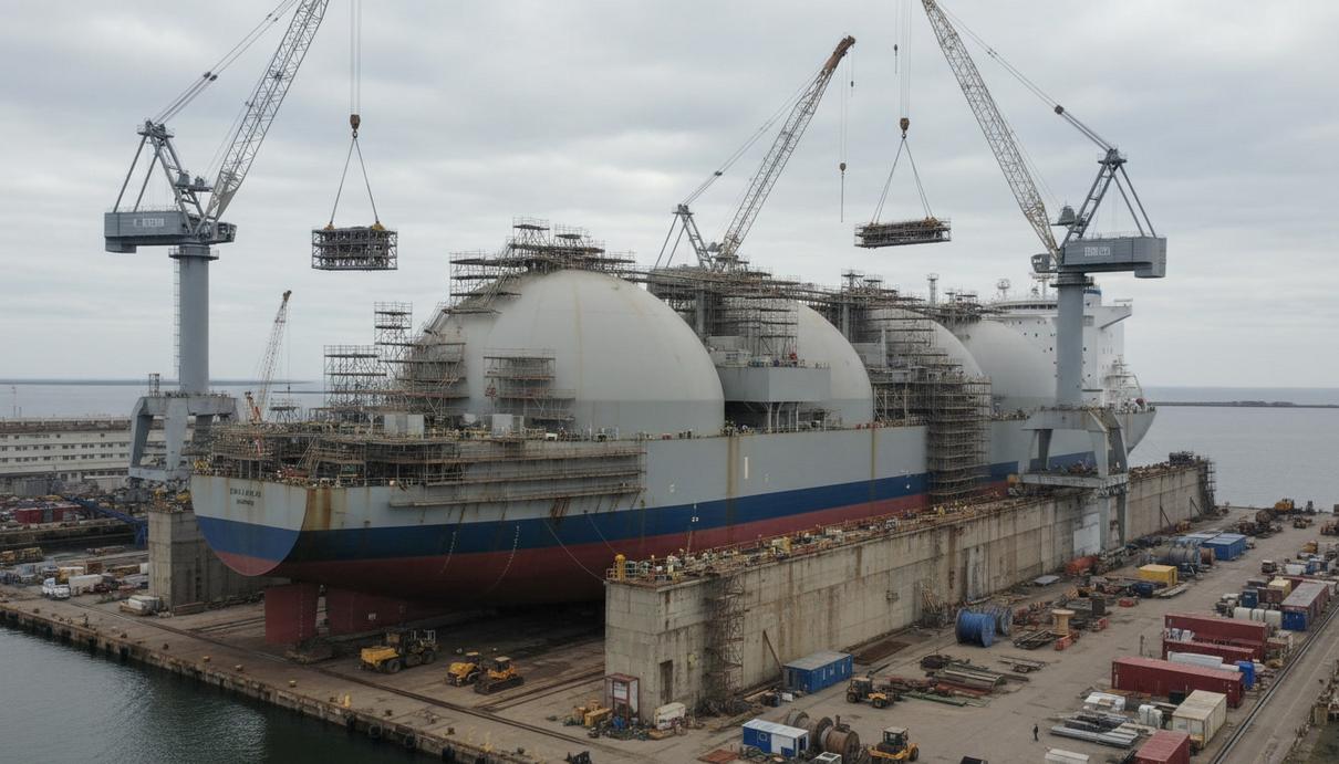 Karpowership переоборудует газовоз в плавучий СПГ-терминал Крупный газовоз со сферическими резервуарами типа «Мосс» на палубе в сухом доке судостроительной верфи, окруженный портовыми кранами и строительными лесами.