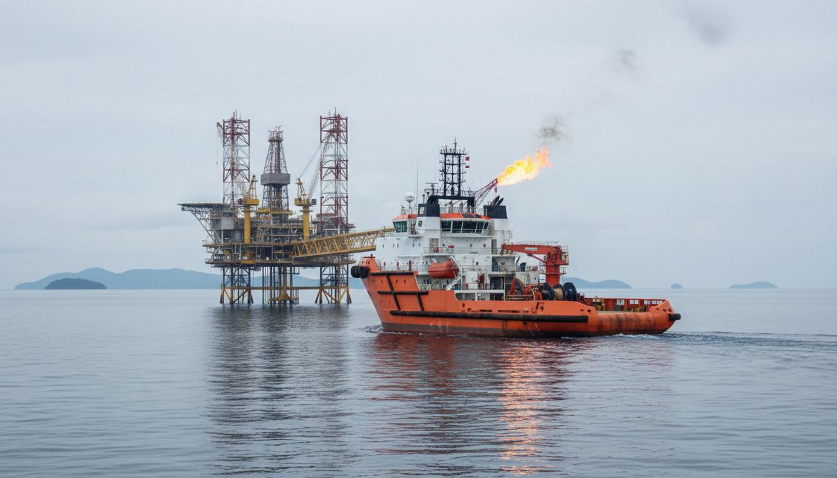 Судно снабжения и установки якорей типа AHTS в открытом море рядом с морской буровой платформой в Азии.