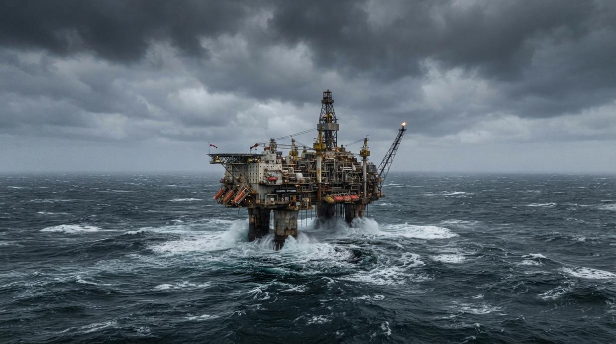 Морская нефтегазовая платформа в Северном море в штормовую погоду под пасмурным небом.