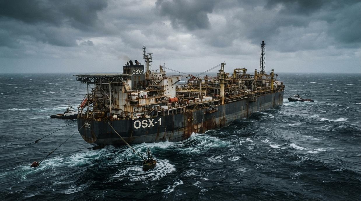 Плавучая установка для добычи, хранения и отгрузки нефти (FPSO) в неспокойных водах Южной Атлантики. Промышленное судно в открытом океане под пасмурным небом.