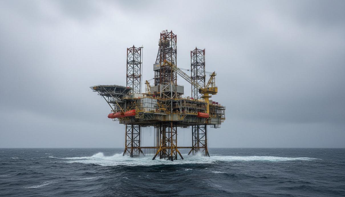 Морская самоподъёмная буровая платформа работает в неспокойных водах Северного моря под пасмурным небом.