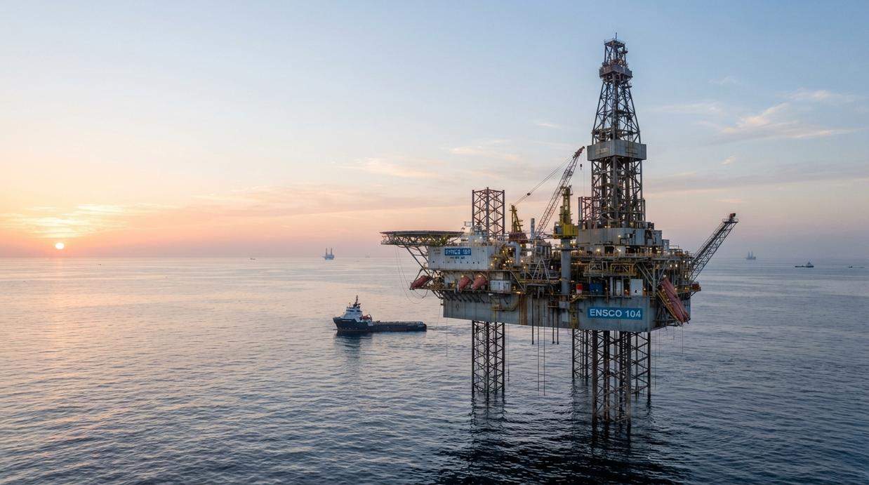 Морская самоподъёмная буровая установка в Аравийском заливе на рассвете.