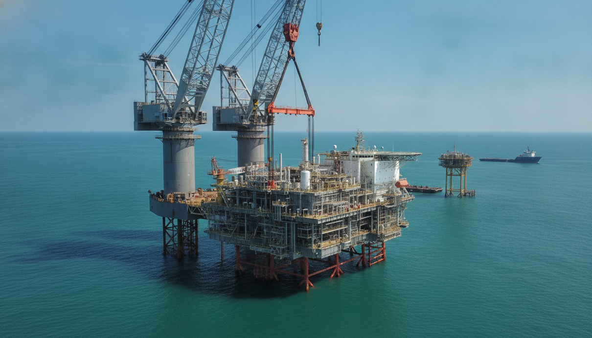 Морская нефтегазовая платформа на месторождении в Сиамском заливе. Плавучий кран устанавливает оборудование на опорный блок.