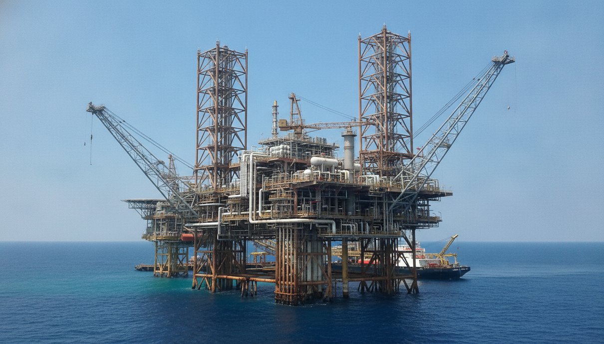 Морская газодобывающая платформа с металлическими вышками и системой трубопроводов на фоне синего моря и ясного неба.