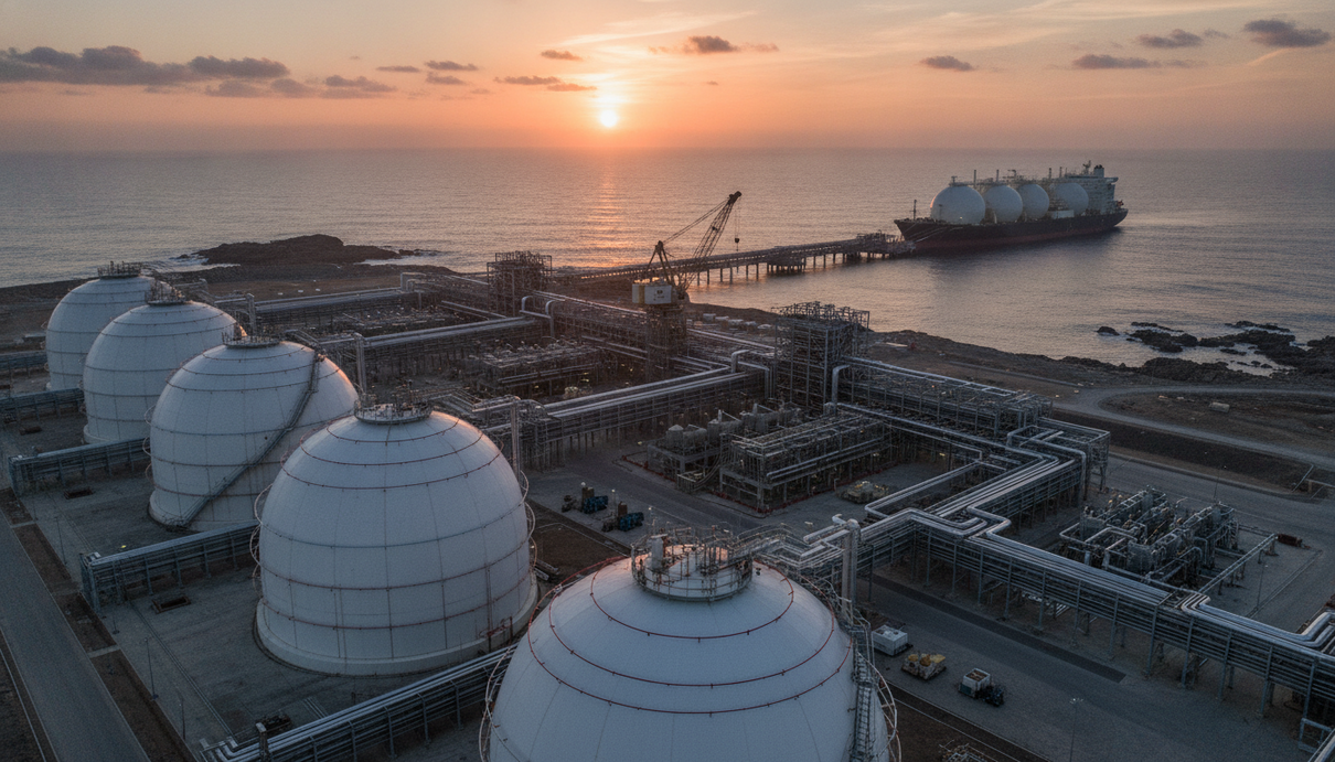 Прибрежный завод по производству сжиженного природного газа с крупными сферическими резервуарами и трубопроводами.