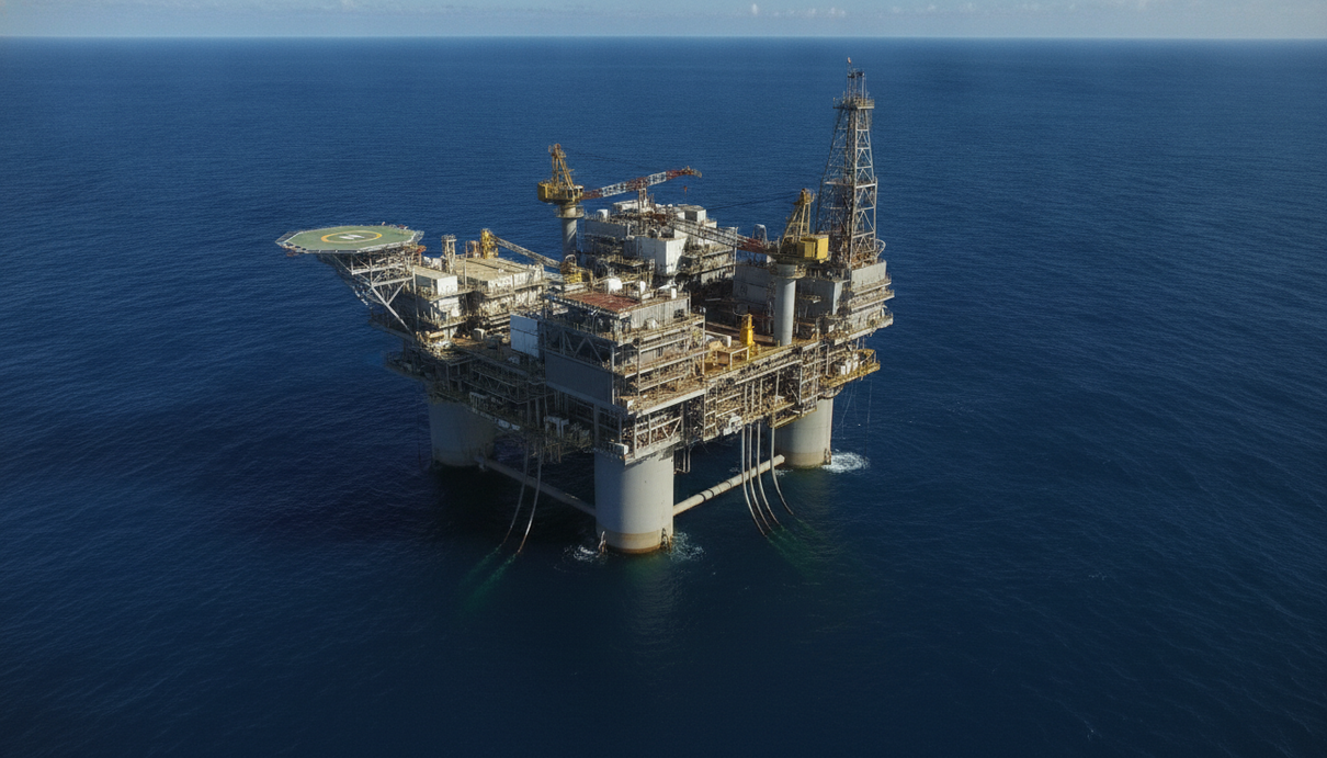 Плавучая нефтегазовая платформа в океане с металлическими конструкциями и промышленными кранами.