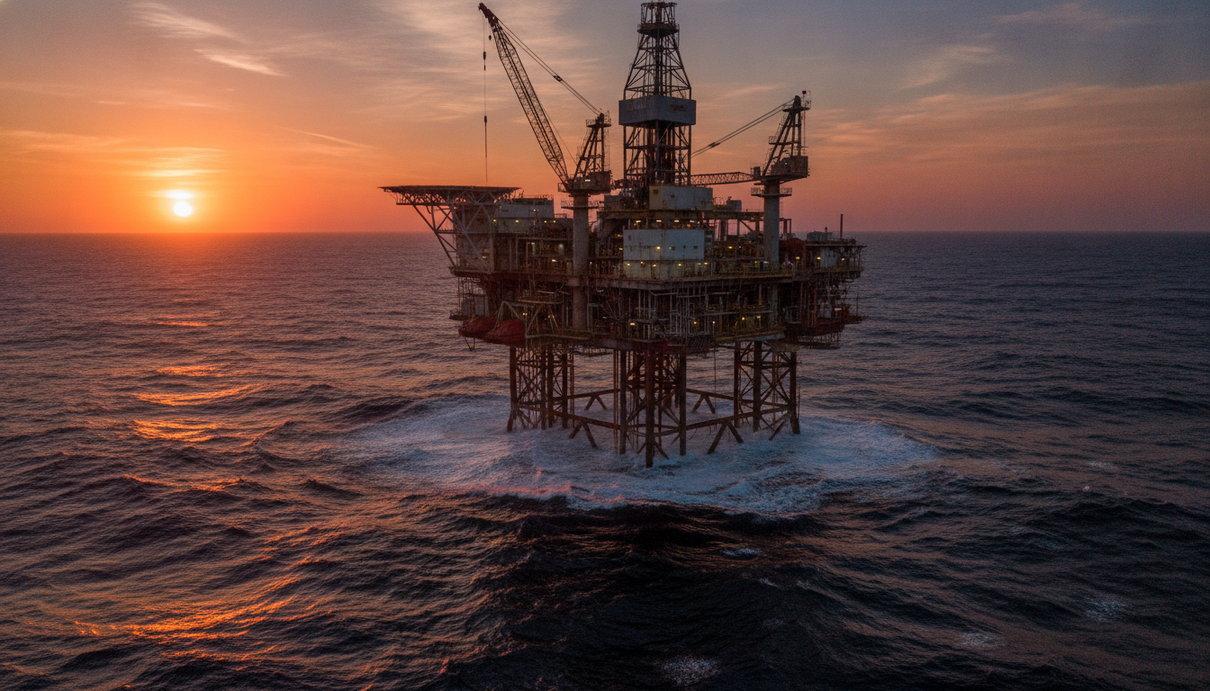 Saipem и MDC займутся шельфовым бурением на Ближнем Востоке и в Африке Морская буровая платформа в открытом океане на фоне заката, металлические конструкции и буровой кран над водой.