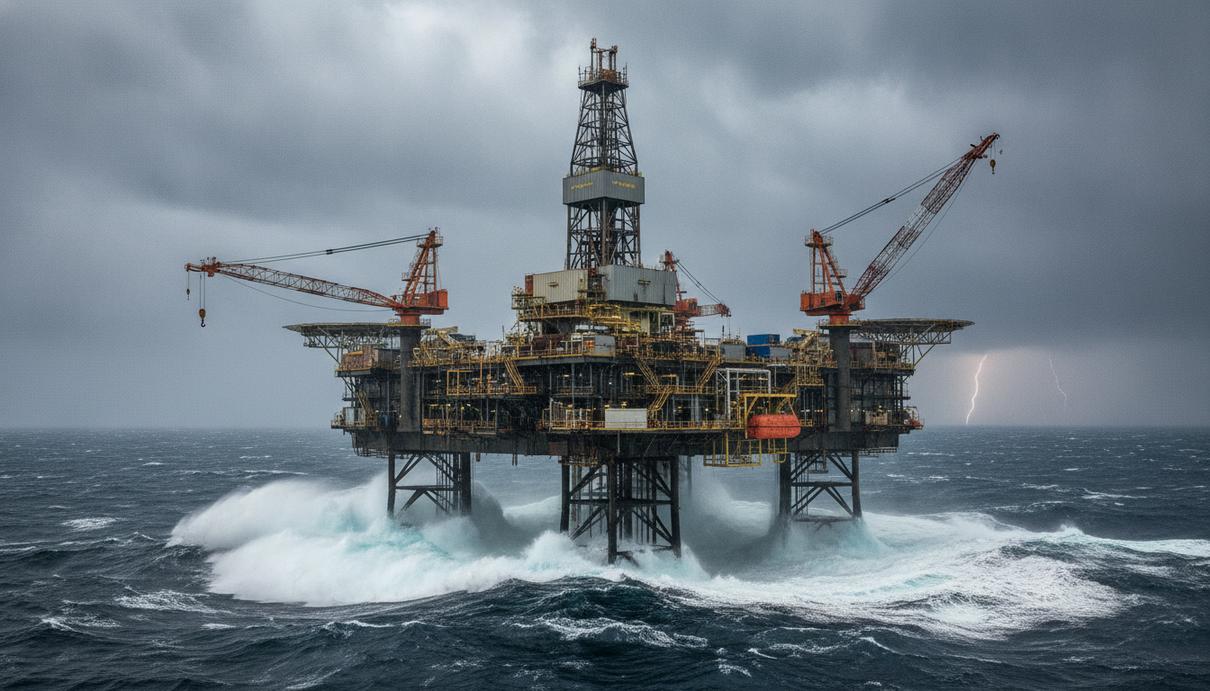 Полупогружная морская буровая установка с вышками и кранами в штормовом океане на фоне темных туч.